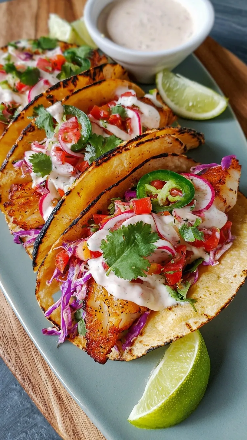 A plate of three golden crispy cod fish tacos with purple cabbage slaw and lime crema on corn tortillas.