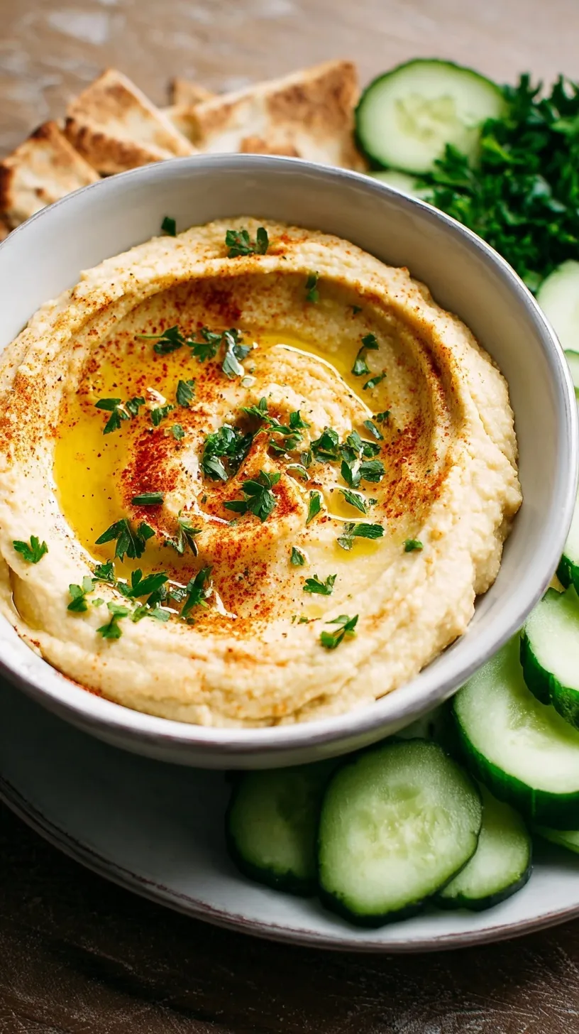 A bowl of creamy, ultra-smooth hummus topped with olive oil and paprika