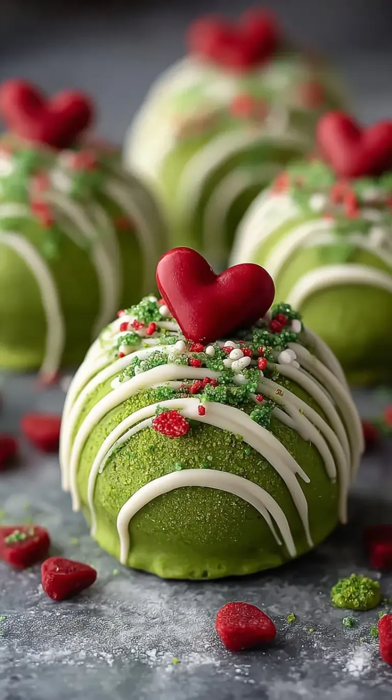 Vibrant green Grinch Oreo Truffles with a single red heart sprinkle on a white plate.
