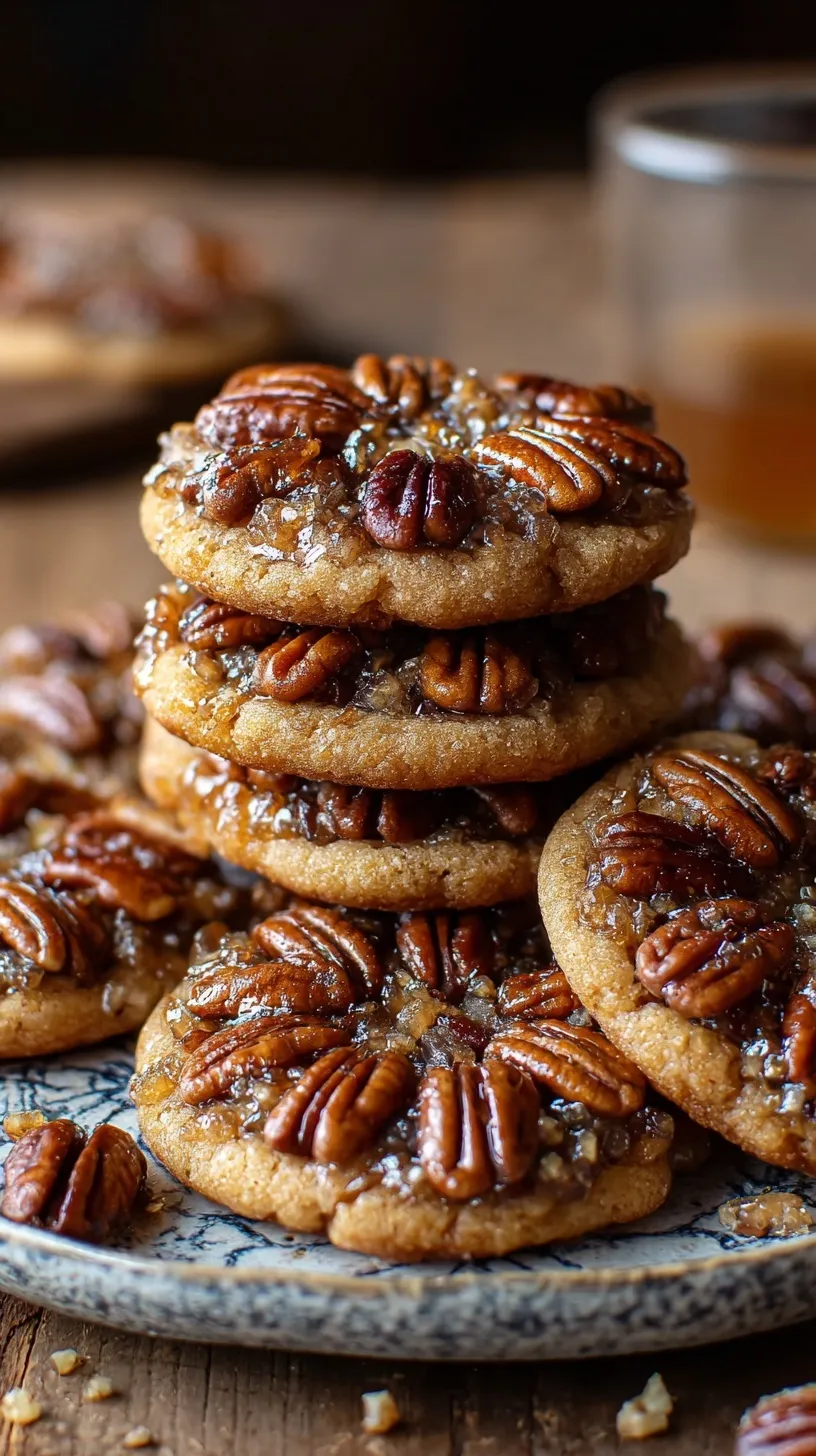 A tray of golden brown pecan pie cookies with a caramelized nut center