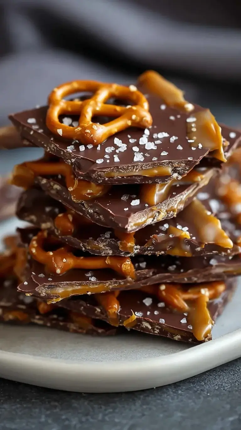 Pieces of salted caramel pretzel bark with dark chocolate and flaky sea salt on a baking sheet