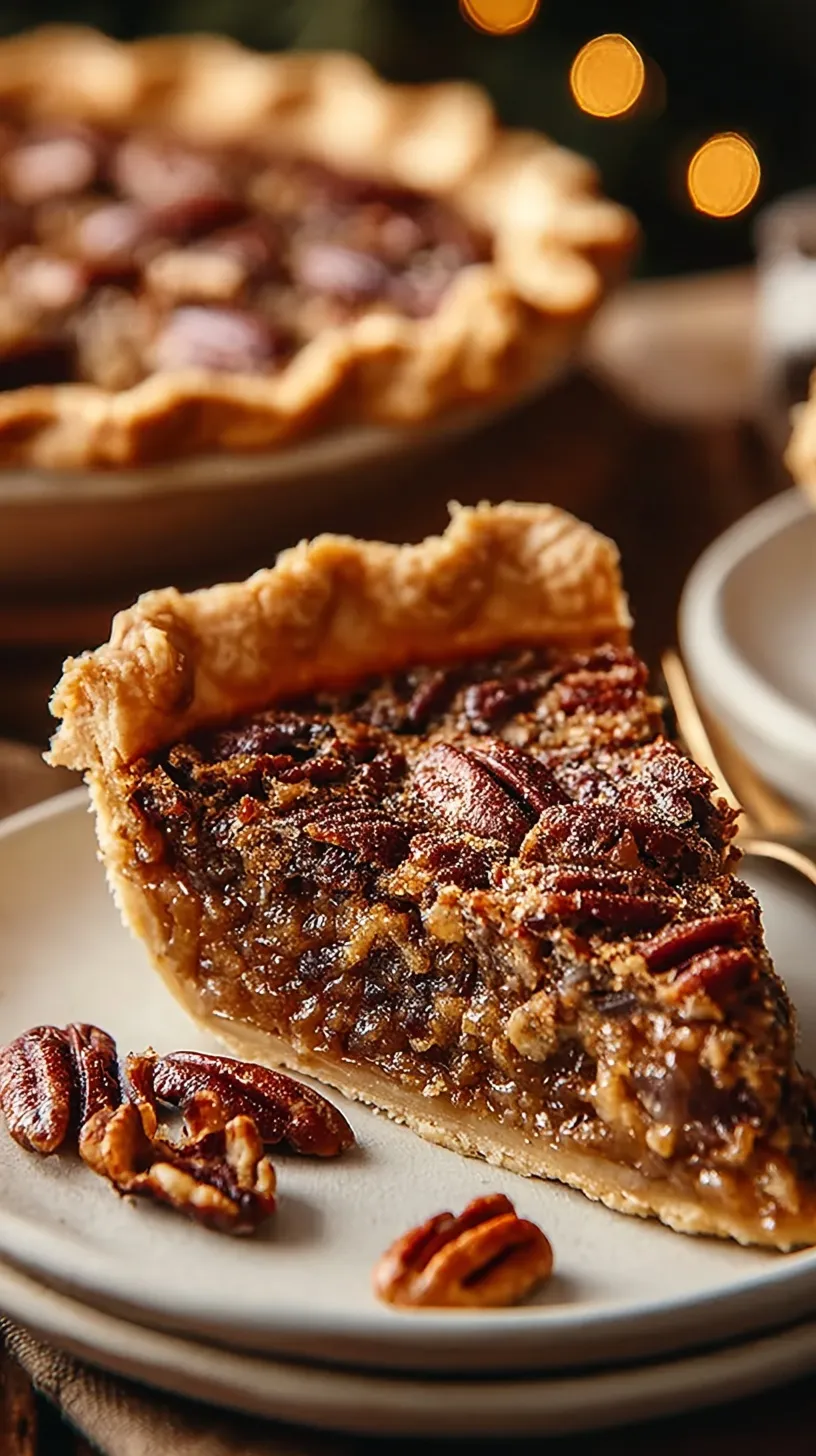 A golden brown maple pecan pie in a flaky crust topped with toasted pecan halves.