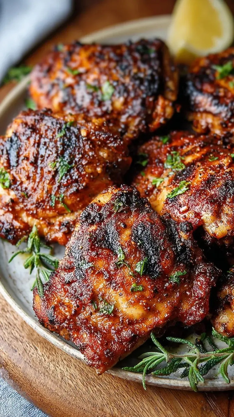 A platter of golden-brown grilled chicken thighs with crispy skin and fresh lemon wedges.