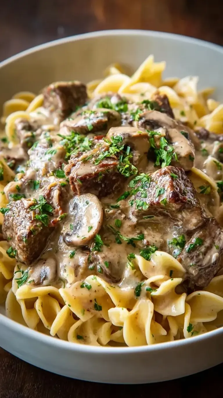 A close-up shot of creamy beef stroganoff with mushrooms served over wide egg noodles and garnished with fresh parsley.