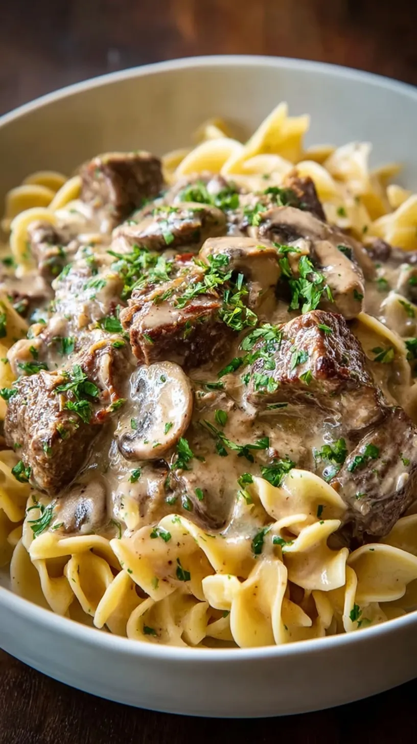 A close-up shot of creamy beef stroganoff with mushrooms served over wide egg noodles and garnished with fresh parsley.