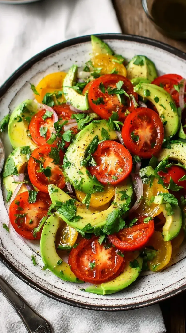A vibrant bowl of diced red tomatoes and creamy green avocado chunks with red onion and cilantro.