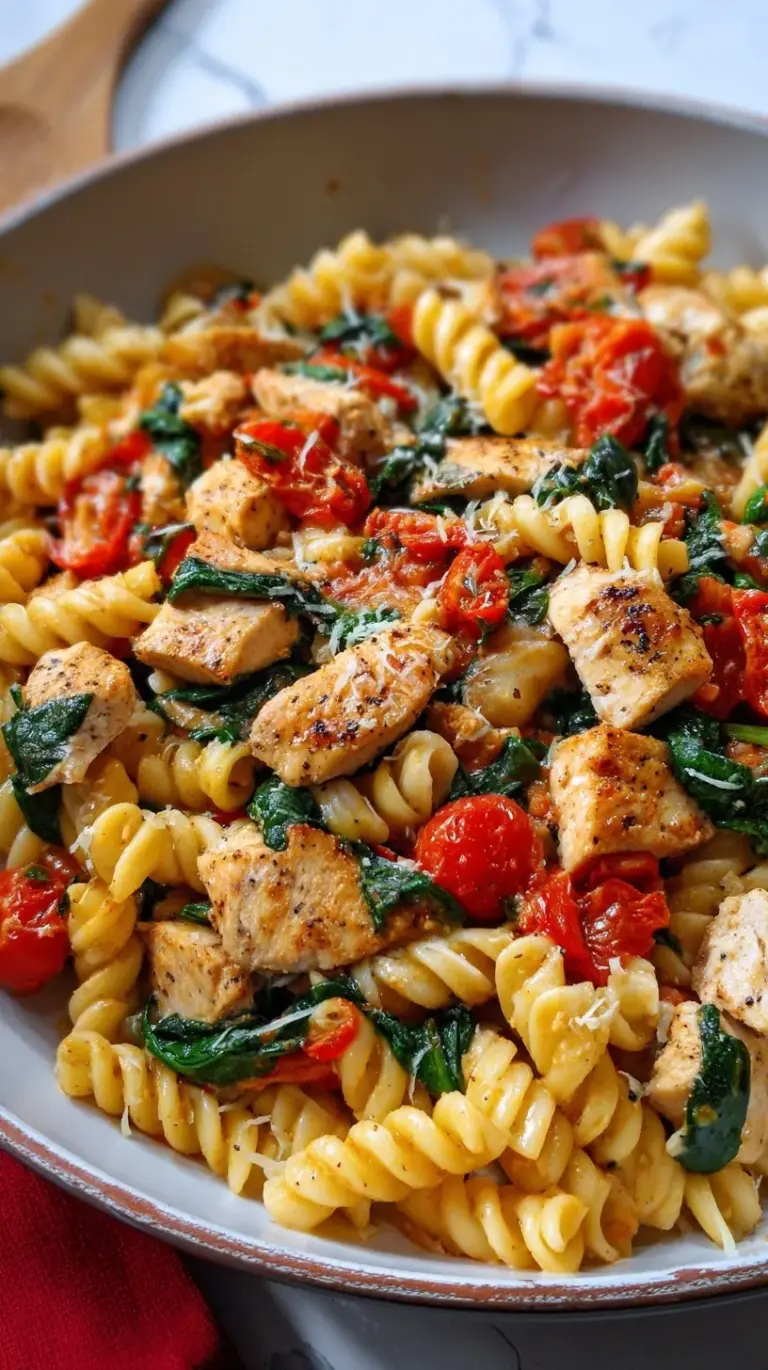 A bowl of penne pasta with sautéed chicken, fresh spinach, and tomatoes topped with parmesan cheese.