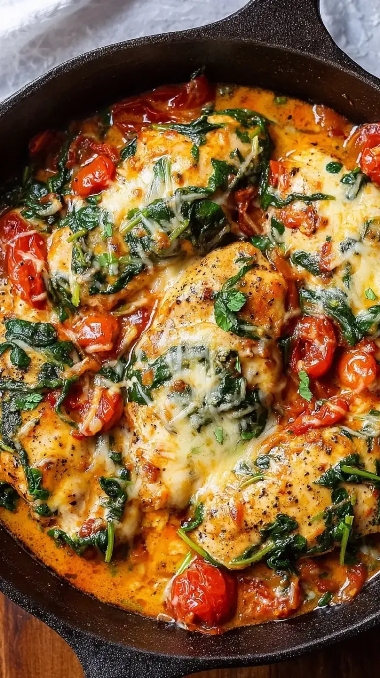 A skillet filled with golden seared chicken cubes in a creamy garlic sauce with wilted spinach and cherry tomatoes.