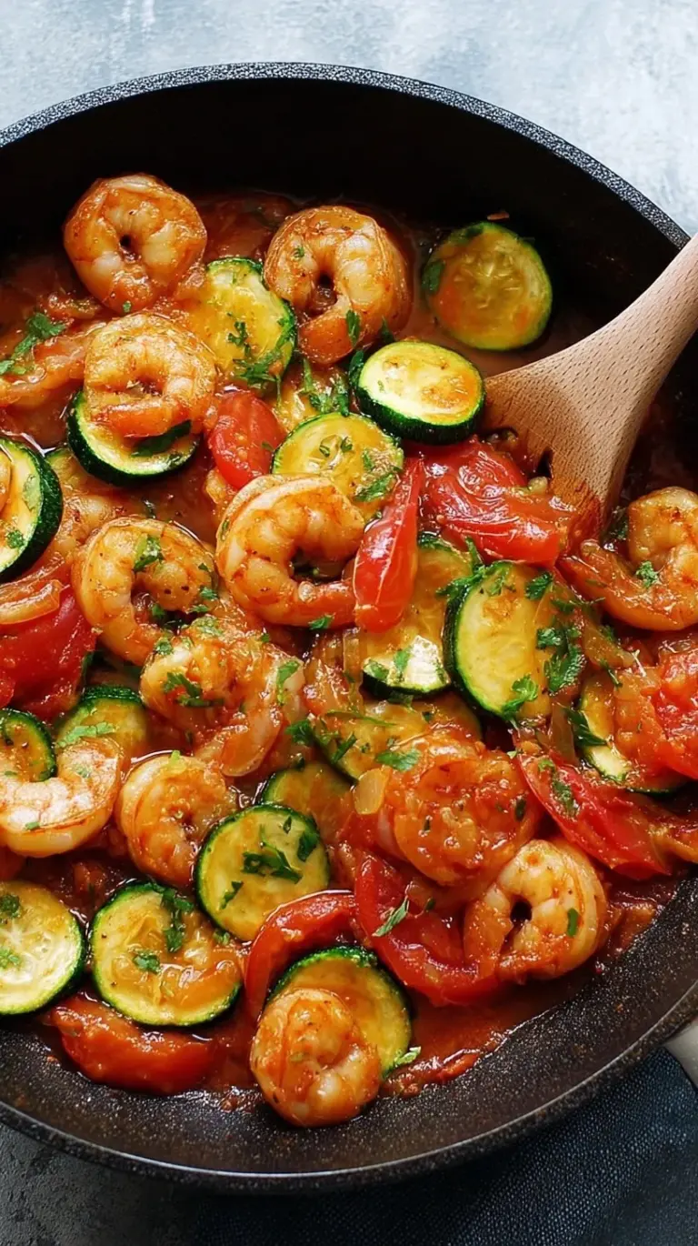 A colorful skillet of shrimp stir-fry with green zucchini and red tomatoes garnished with green onions.