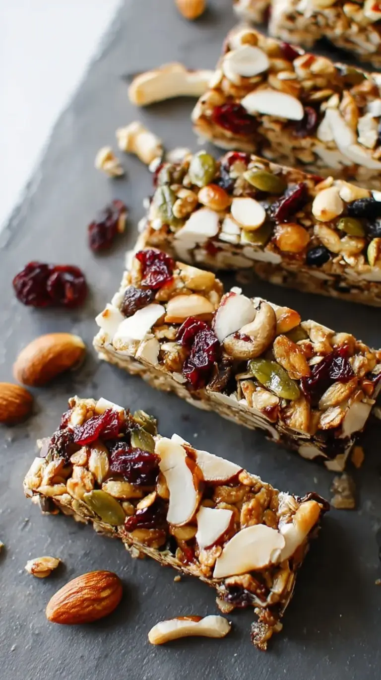 A stack of golden brown chewy granola bars with visible cranberries and chocolate chips on parchment paper.
