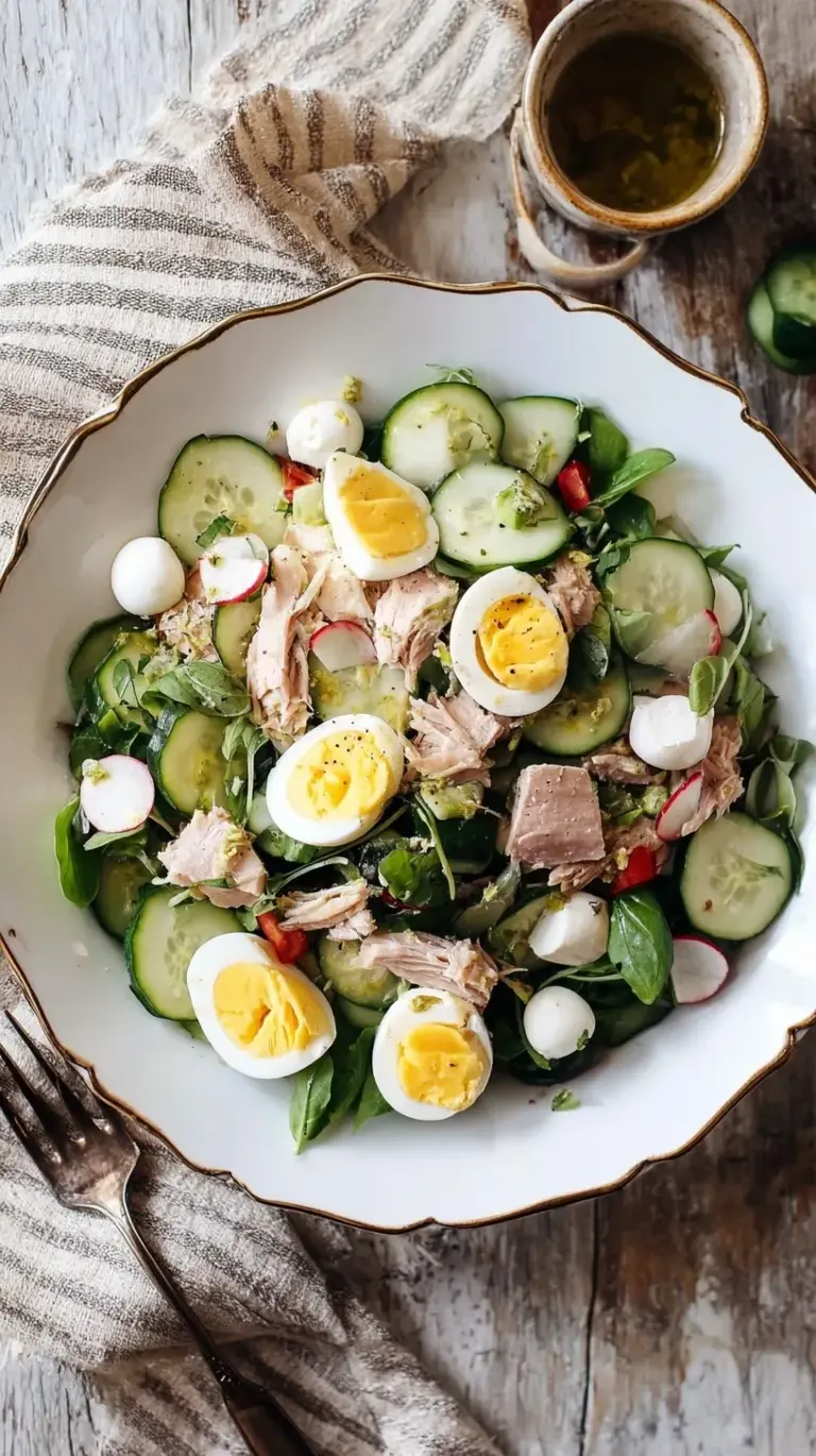Fresh tuna and cucumber salad with mozzarella pearls and cherry tomatoes in a white bowl.