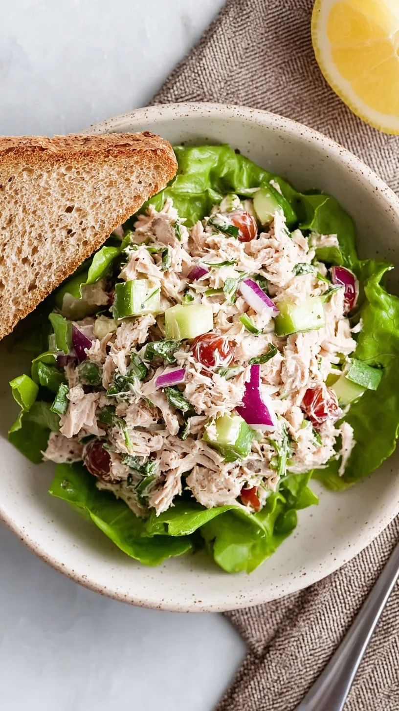 A bowl of creamy, classic tuna salad with celery and red onion, garnished with fresh parsley, ready to be served.