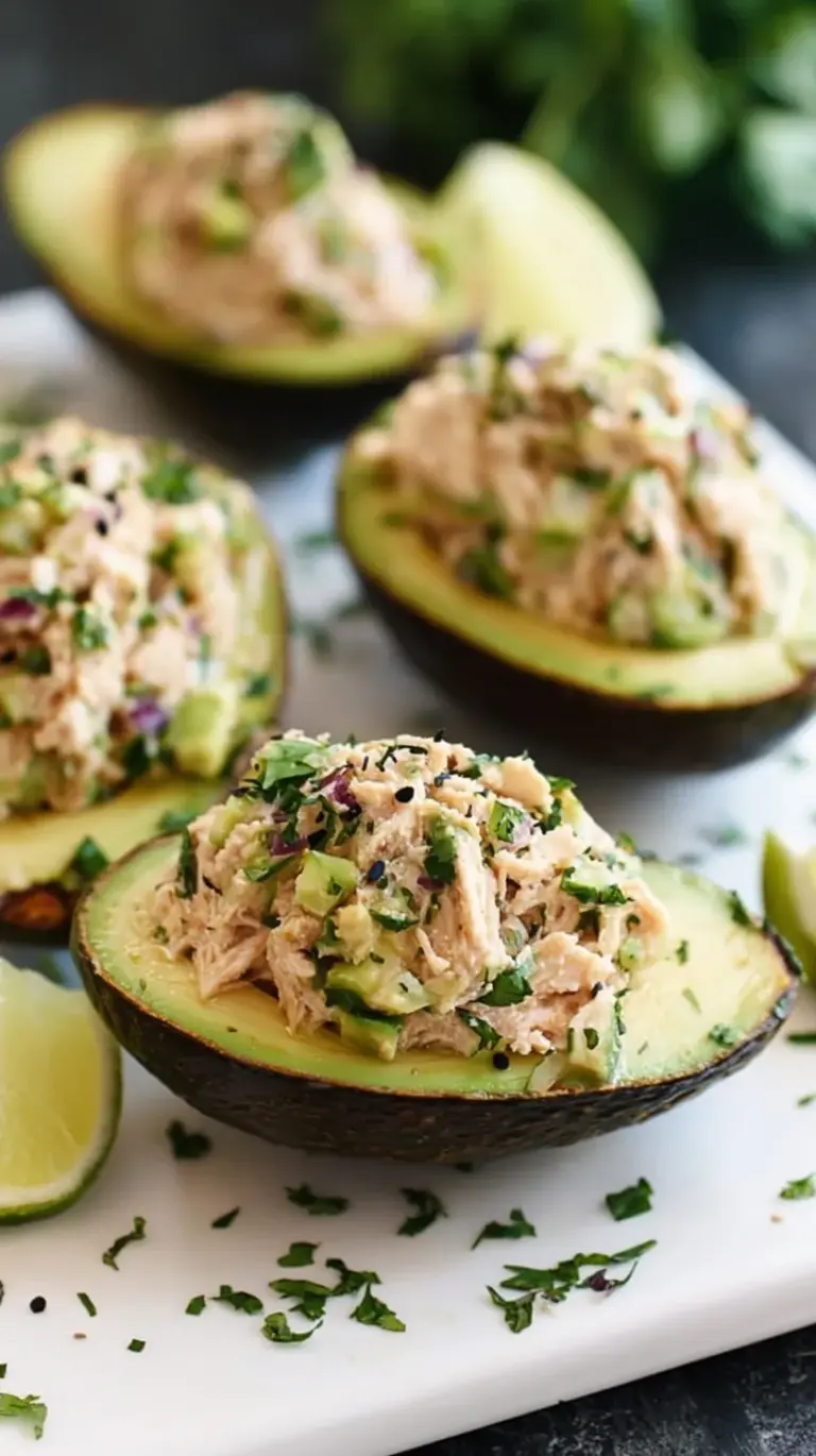Close-up of two vibrant tuna stuffed avocados, garnished with fresh dill and red pepper flakes, on a light plate.