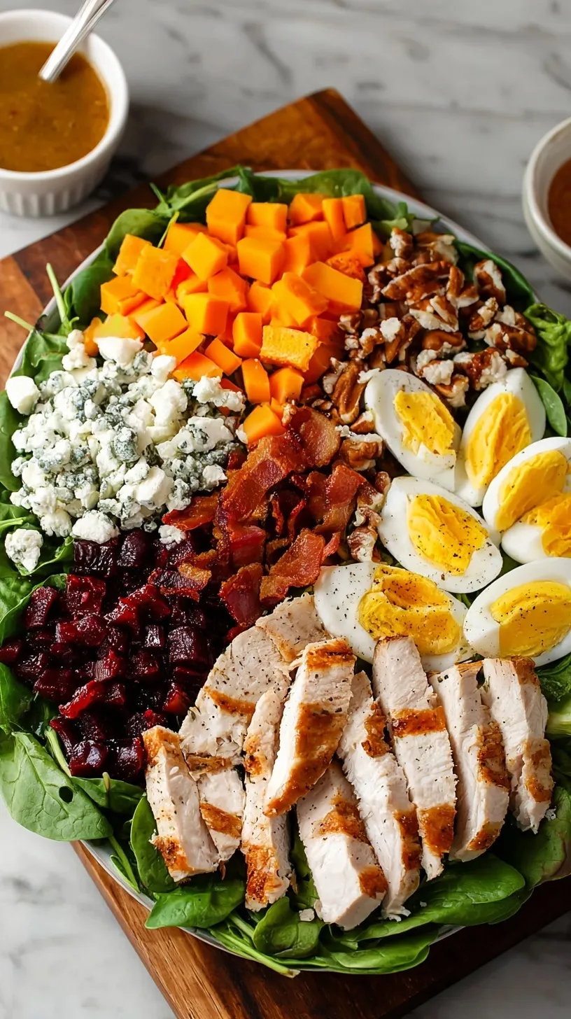 A beautifully arranged Turkey Cobb Salad with tender turkey, crisp lettuce, avocado, tomatoes, bacon, and hard-boiled eggs.