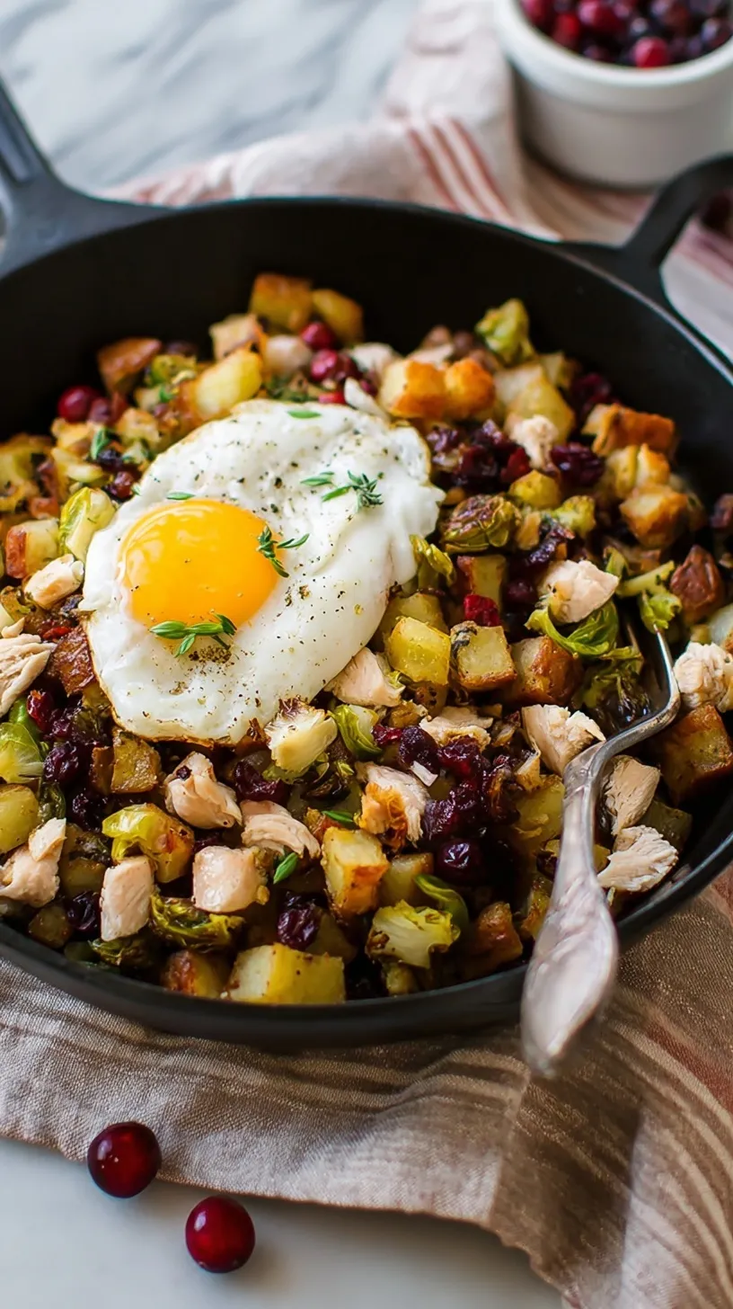 A golden-brown turkey cranberry hash in a cast iron skillet garnished with fresh parsley.