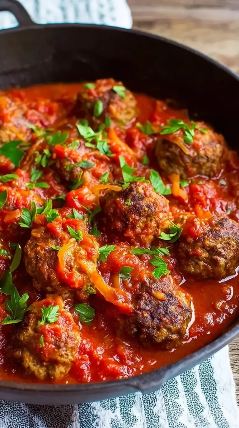 A skillet of herb-seasoned turkey meatballs simmering in a vibrant red spicy tomato sauce.