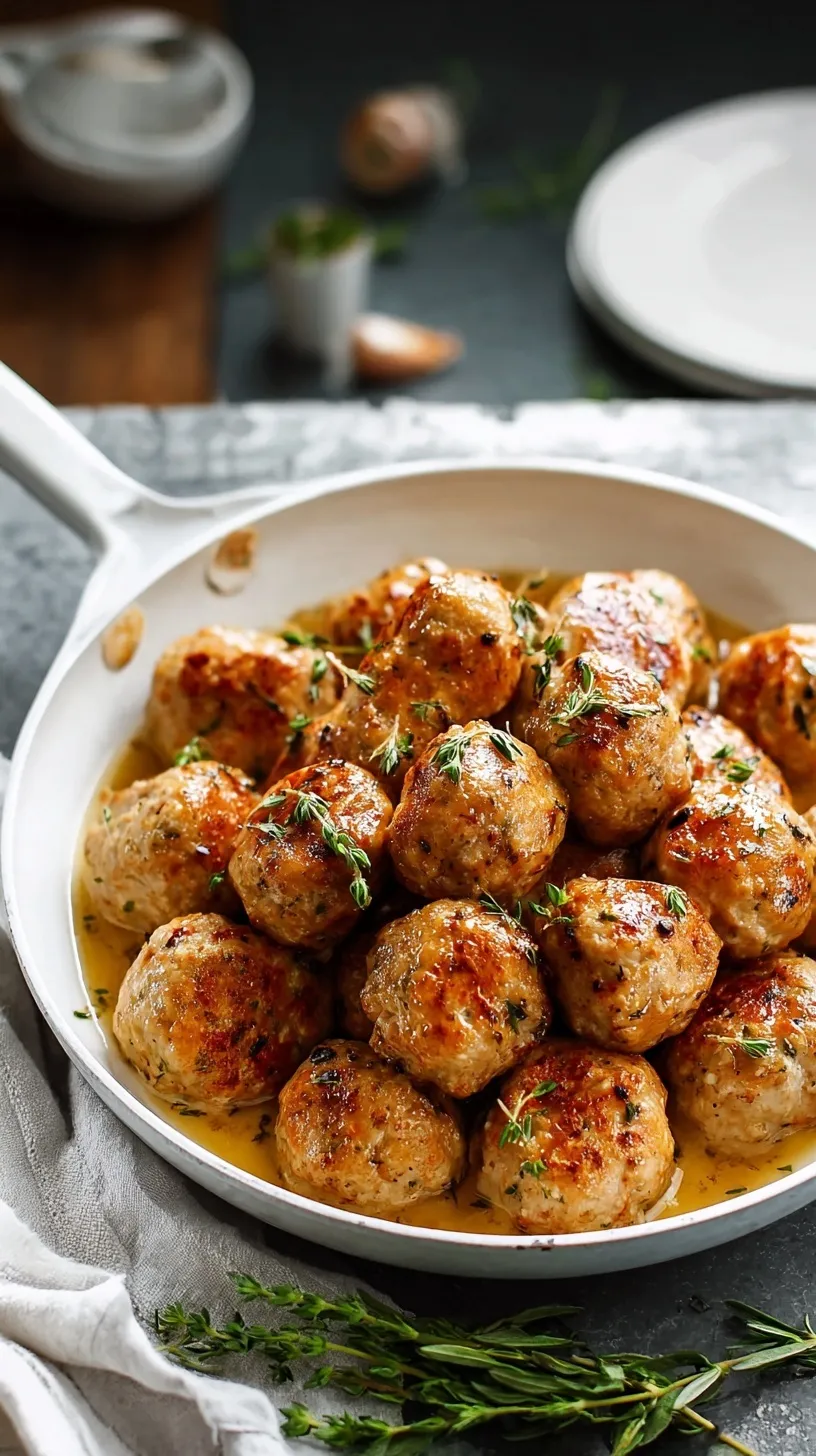 Golden-brown turkey meatballs on a white plate with fresh herbs and marinara sauce