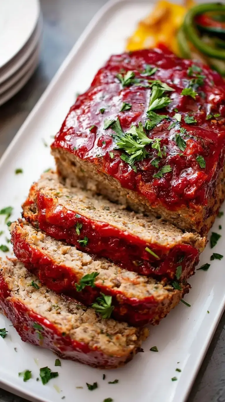 A golden-brown, perfectly baked turkey meatloaf, sliced and served with a vibrant tomato glaze, garnished with fresh parsley.