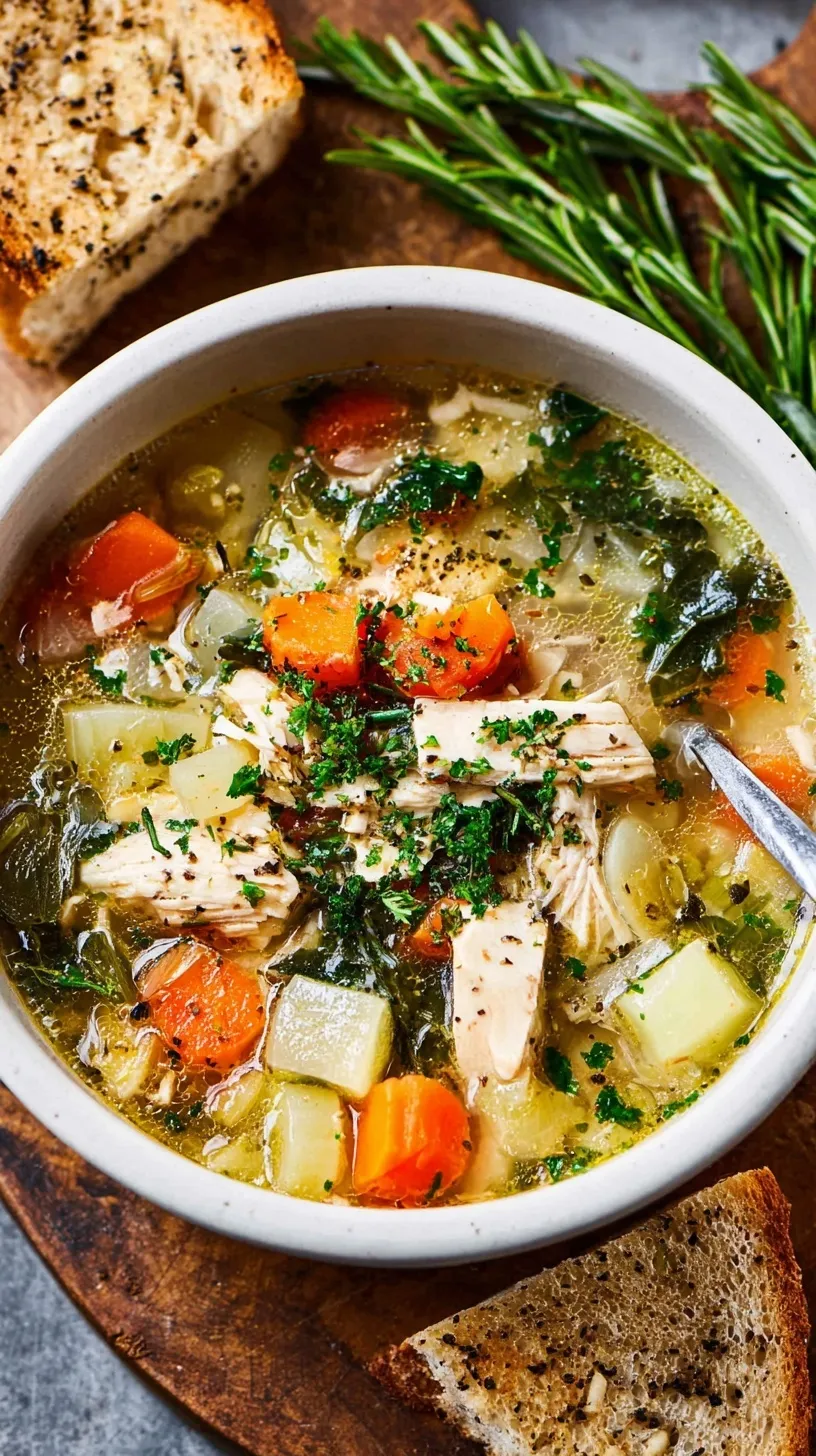 Bowl of hearty turkey soup with vegetables and herbs on rustic wooden table