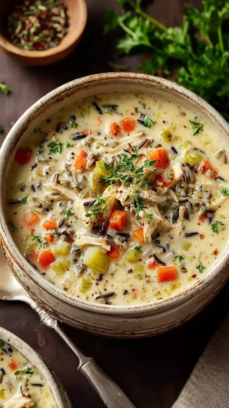 A warm bowl of creamy turkey and wild rice soup with carrots and fresh herbs.