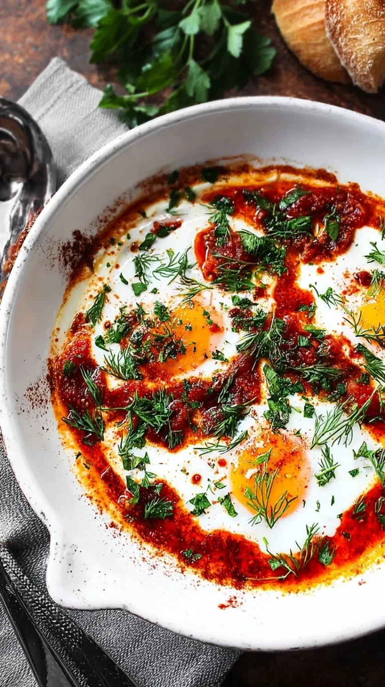 Turkish Eggs with poached eggs on garlicky yogurt drizzled with red chili butter in a white bowl