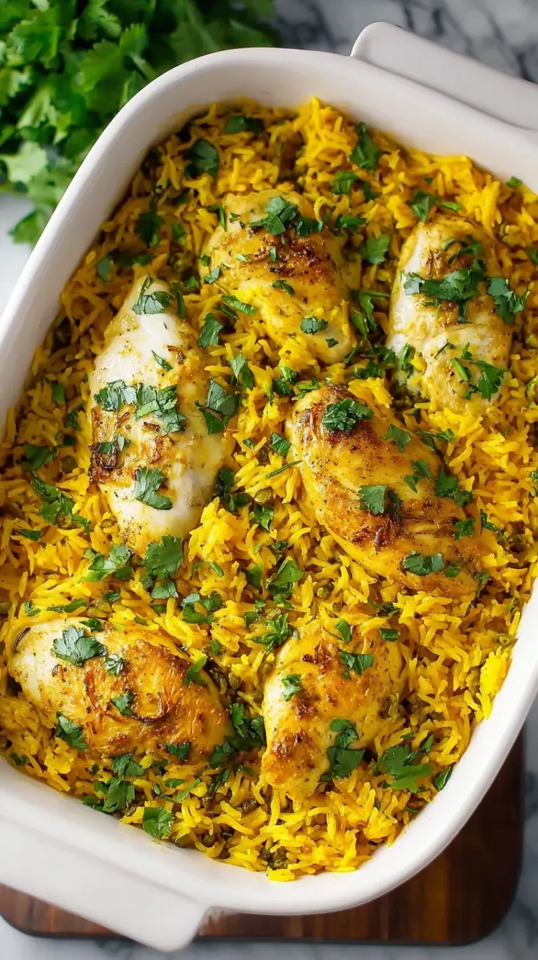 A golden Turmeric Chicken and Rice Casserole baked in a ceramic dish, garnished with fresh parsley.