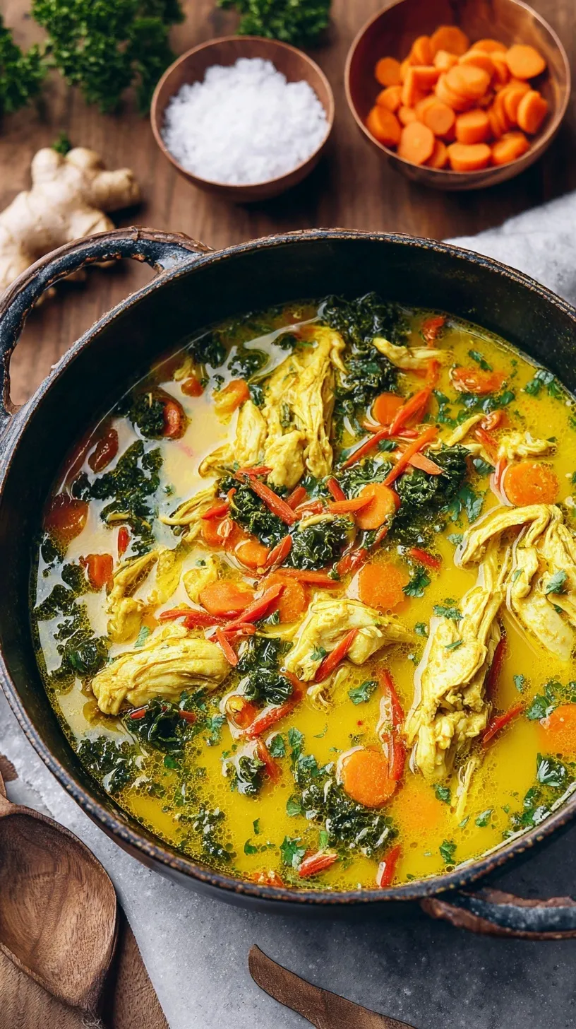A steaming bowl of golden turmeric chicken soup with kale and carrots