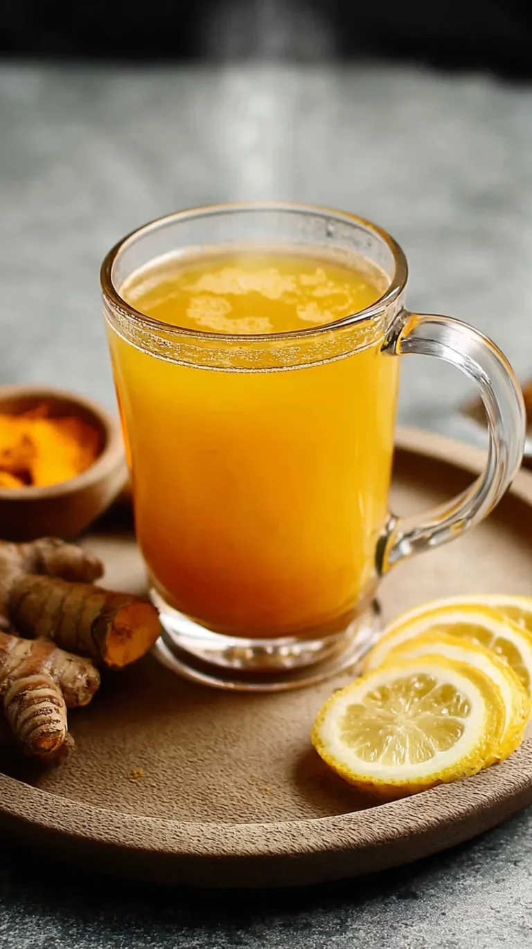 Golden turmeric tea in a clear mug with honey and cinnamon stick on a wooden table