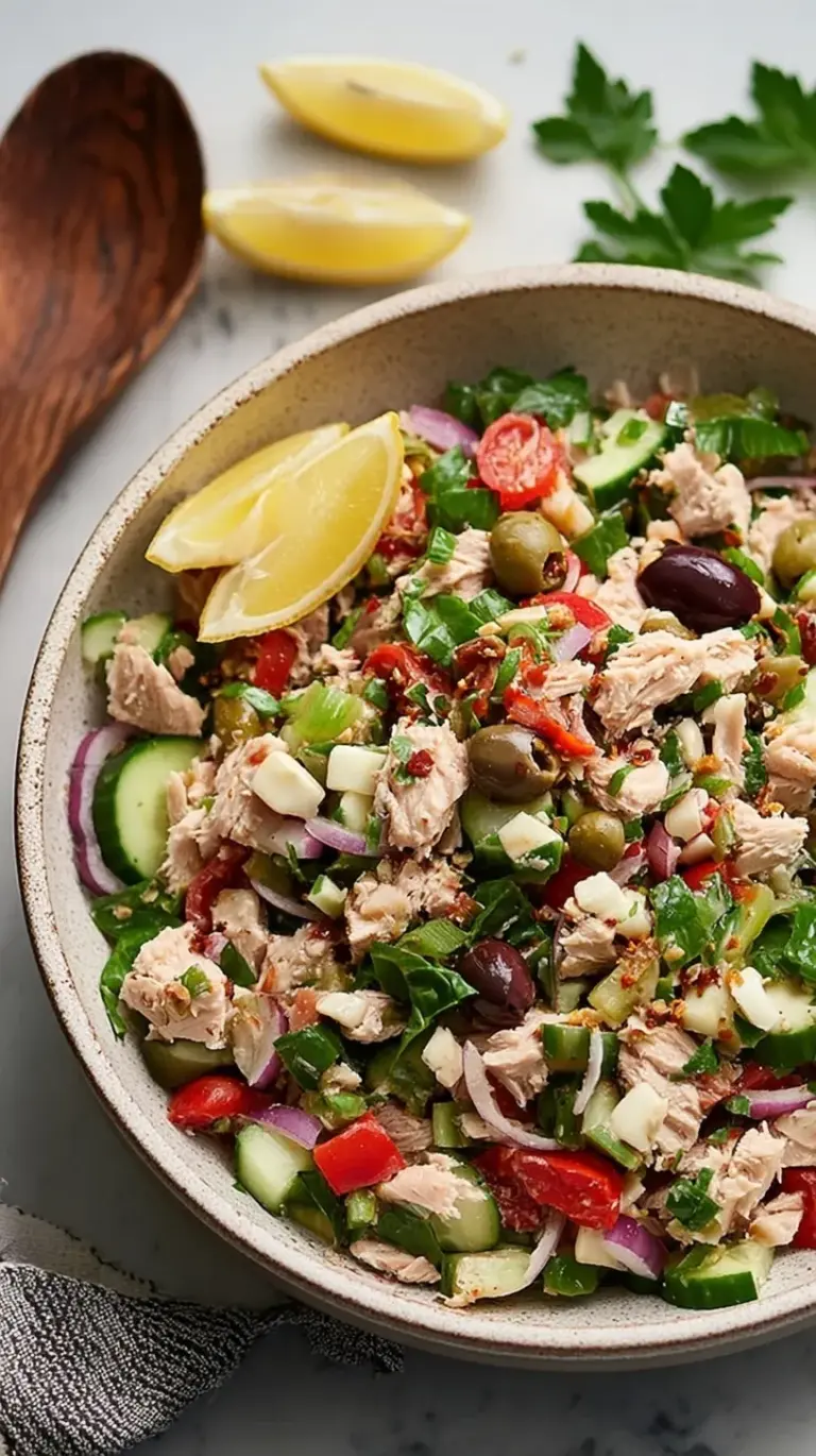 A bowl of vibrant Tuscan Tuna Salad with flaky tuna, cherry tomatoes, olives, and fresh basil, ready to be served.