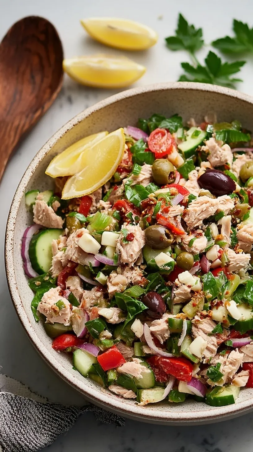 A bowl of vibrant Tuscan Tuna Salad with flaky tuna, cherry tomatoes, olives, and fresh basil, ready to be served.