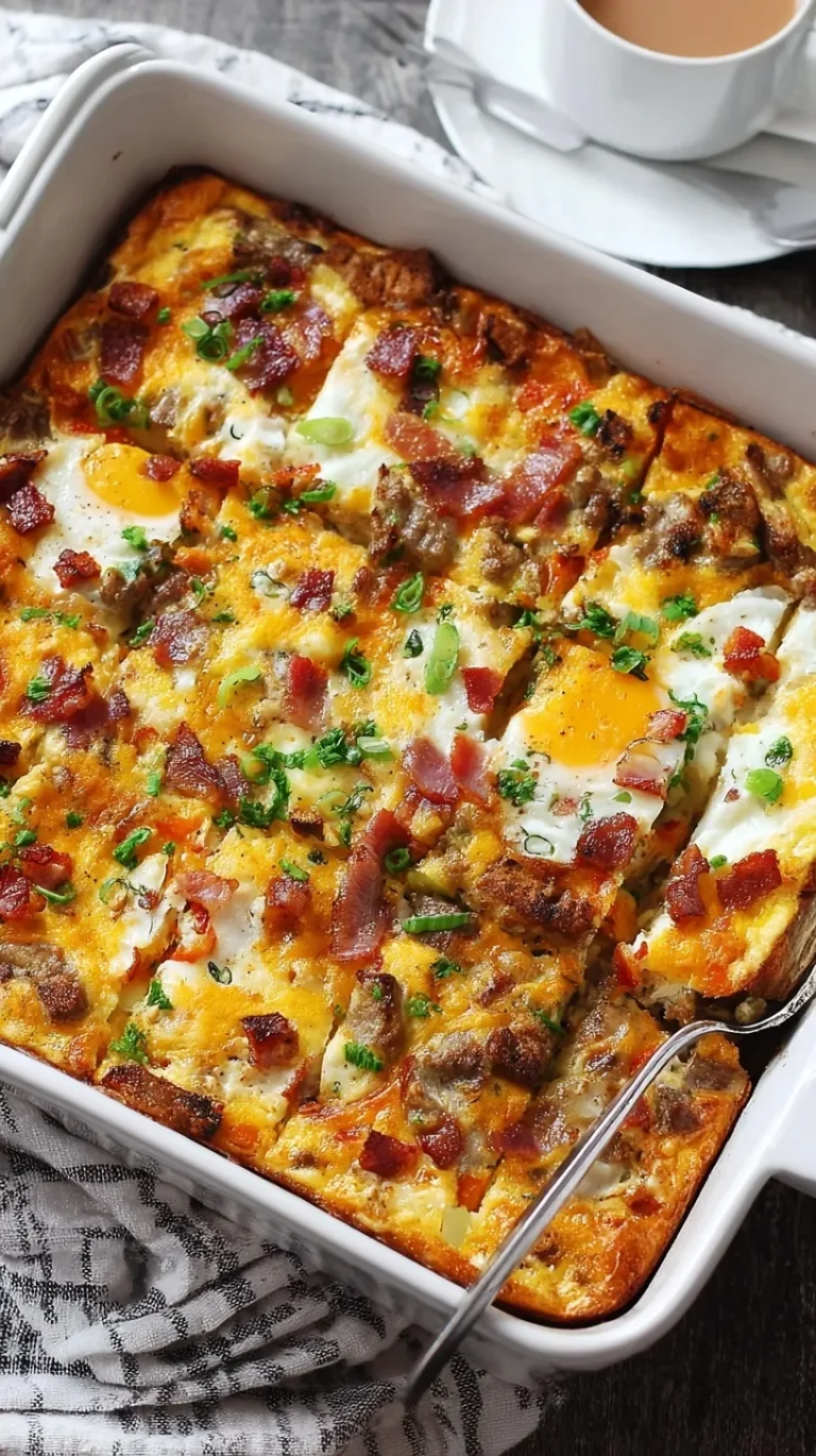 Ultimate Breakfast Casserole with eggs, sausage, and melted cheese in a golden baking dish