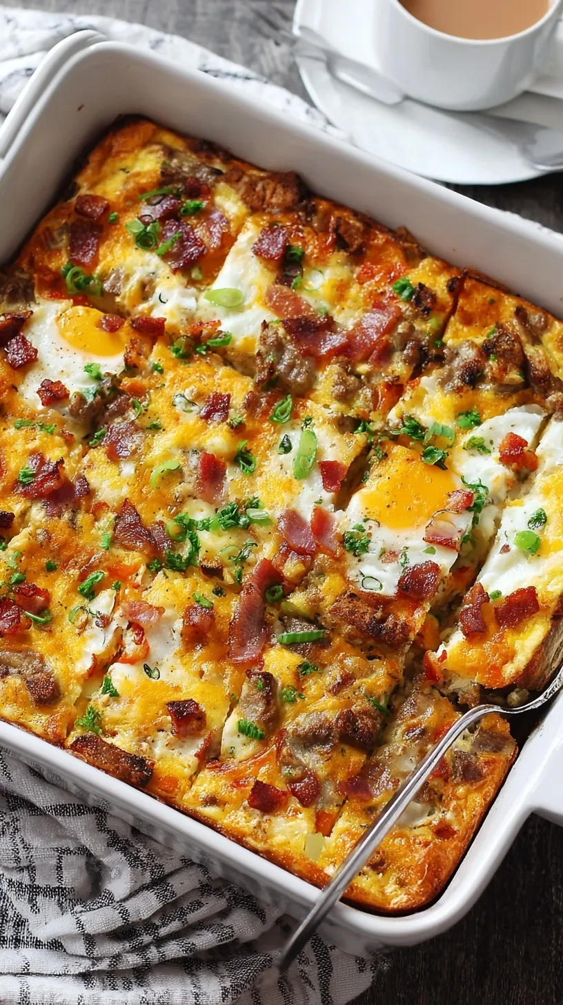 Ultimate Breakfast Casserole with eggs, sausage, and melted cheese in a golden baking dish