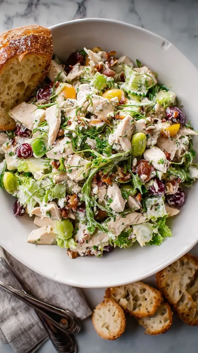 A bowl of creamy Ultimate Chicken Salad with fresh herbs, ready to be served on a sandwich or with crackers.