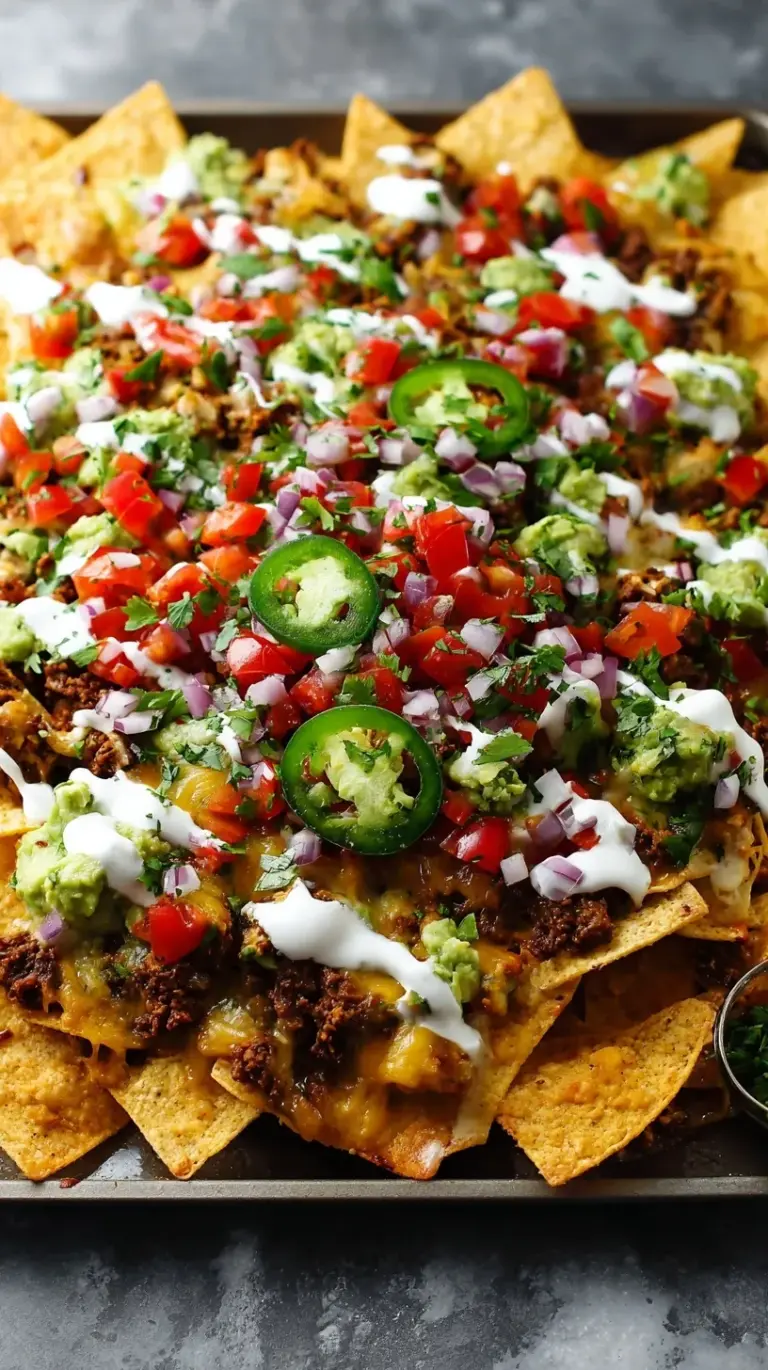 A vibrant sheet pan of ultimate nachos, loaded with seasoned ground beef, melted cheddar and Monterey Jack cheese, fresh pico de gallo, avocado, and sour cream.