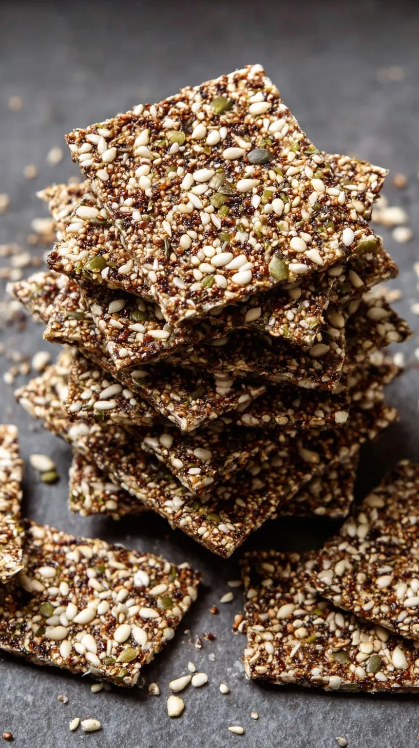 A close up of golden brown multi-seed crackers broken into shards on a piece of parchment paper.