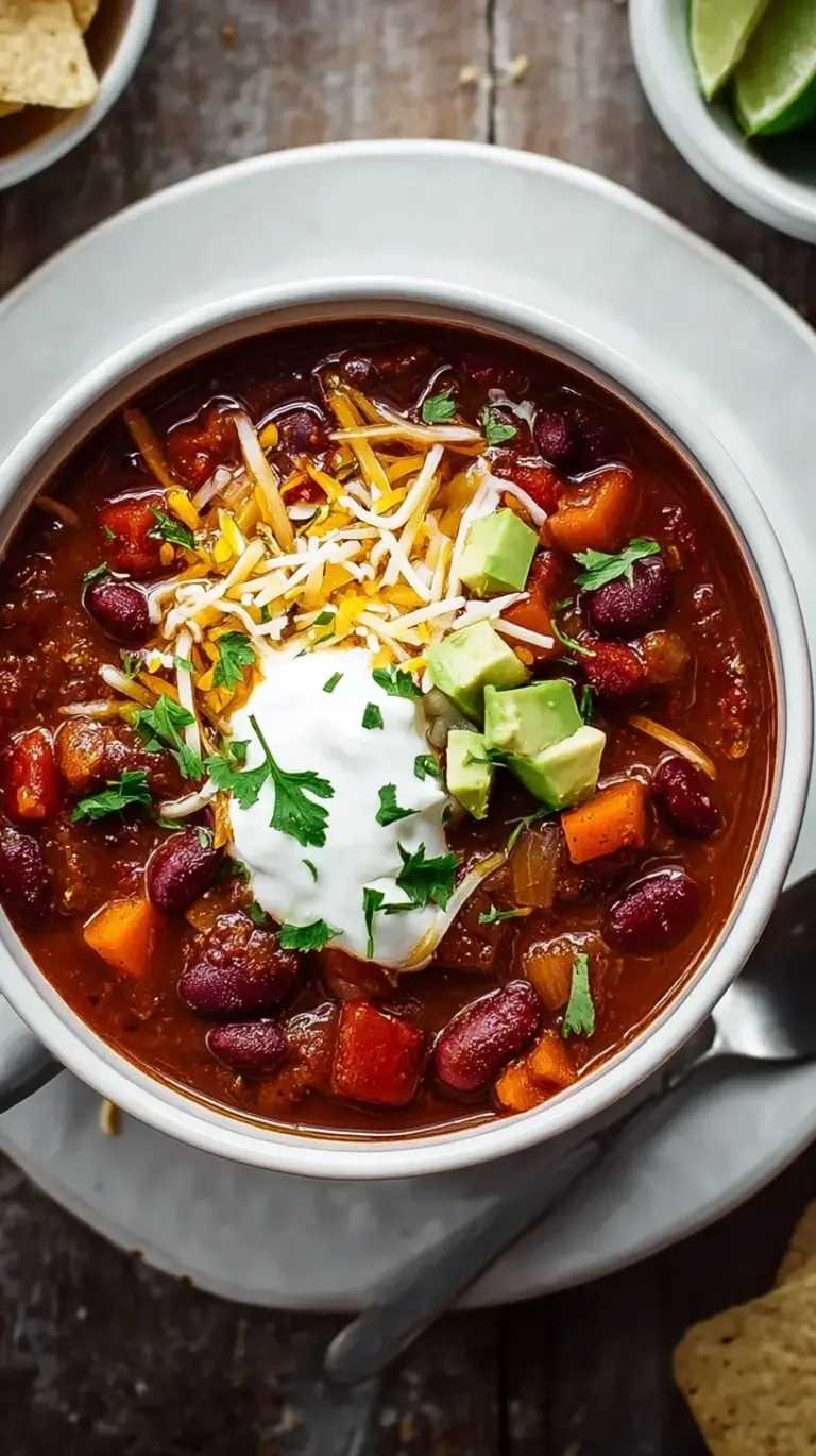 A steaming bowl of ultimate vegetarian chili, garnished with fresh cilantro and a dollop of vegan sour cream, on a rustic wooden table.
