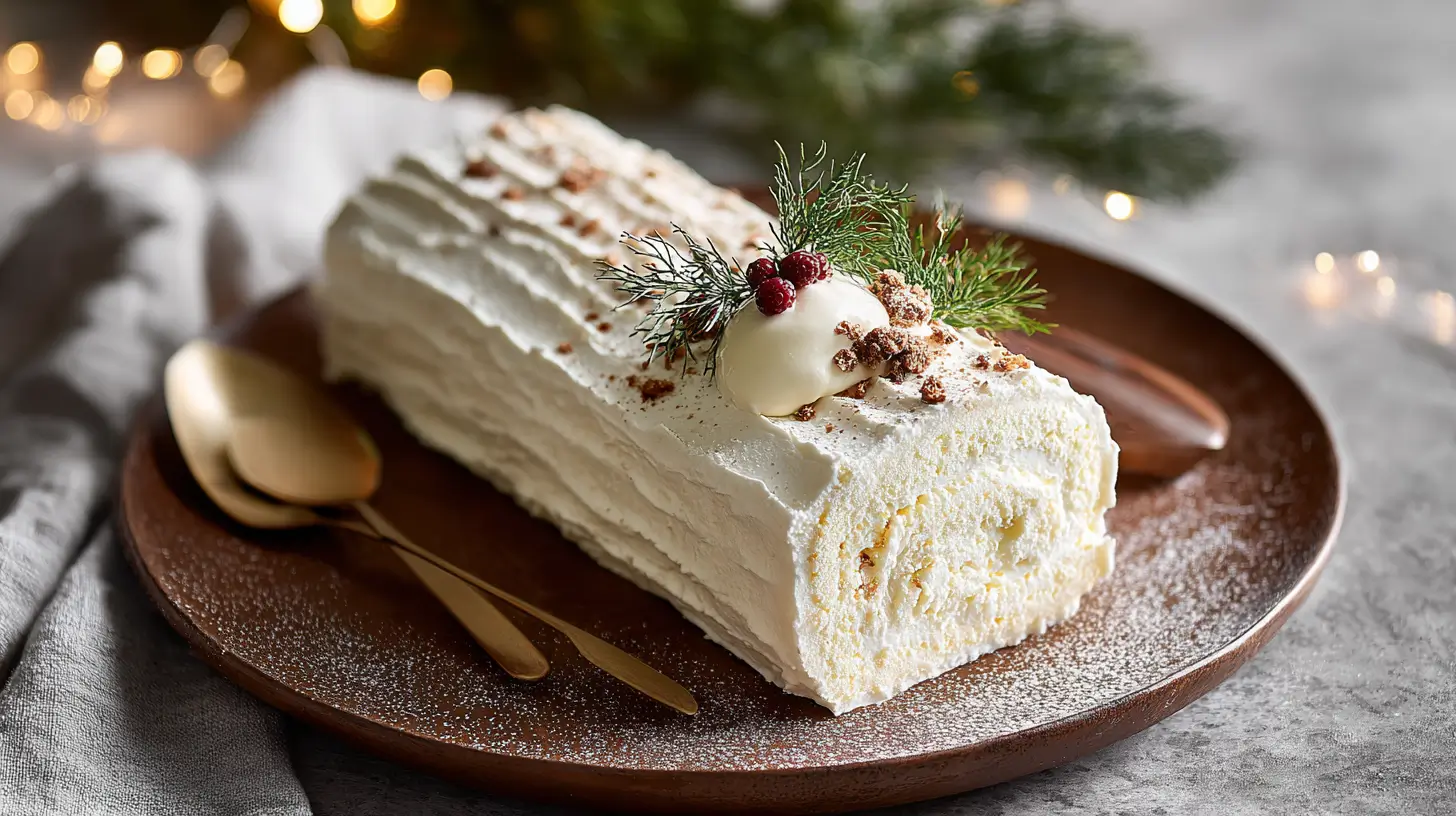 Sliced Vanilla Ice Cream Yule Log served with holiday garnish