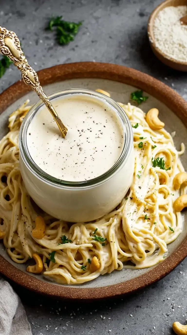 A bowl of creamy vegan alfredo sauce tossed with fettuccine pasta, garnished with fresh parsley.