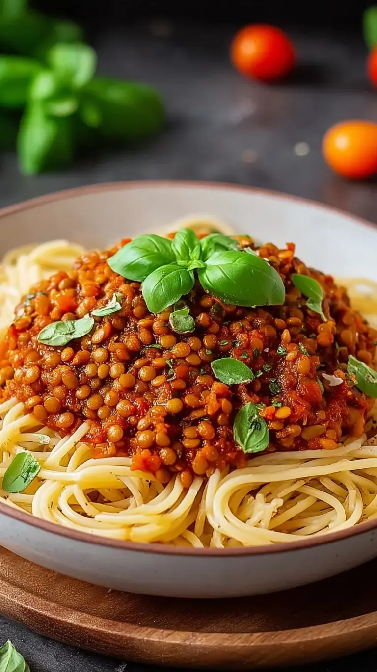 A bowl of pasta topped with rich, thick vegan bolognese sauce and fresh herbs