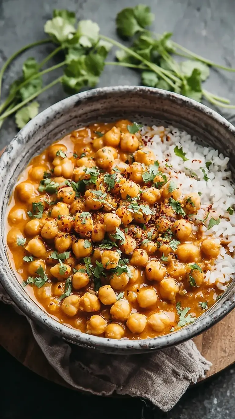 A white bowl filled with creamy orange vegan butter chickpeas topped with fresh cilantro next to a piece of naan bread.