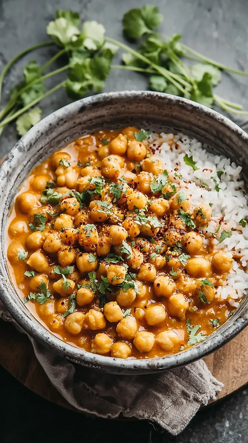 A white bowl filled with creamy orange vegan butter chickpeas topped with fresh cilantro next to a piece of naan bread.