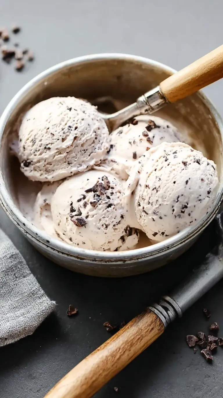 A scoop of creamy vegan cacao nib ice cream in a bowl, garnished with extra cacao nibs and a mint leaf.