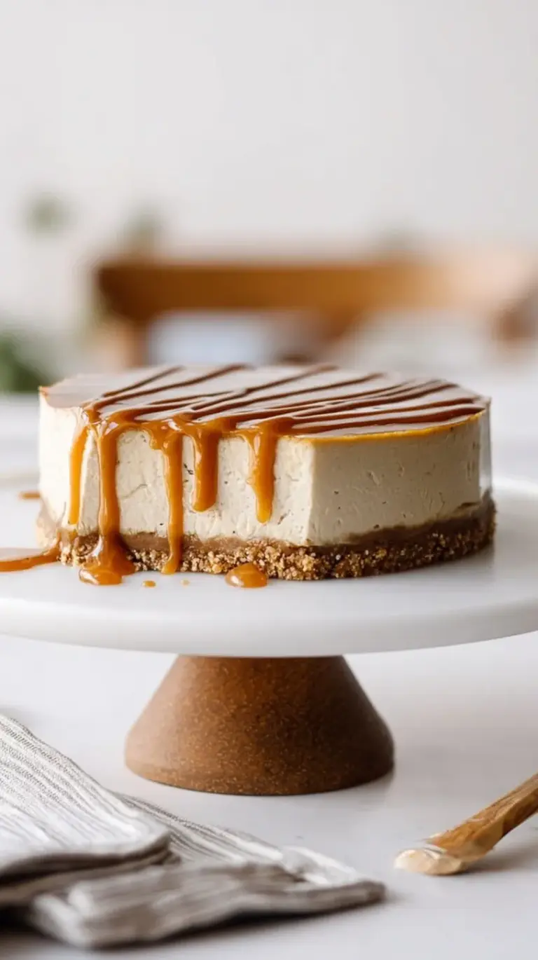 A slice of creamy vegan caramel cheesecake with a golden caramel swirl on top, garnished with flaky sea salt, on a white plate.