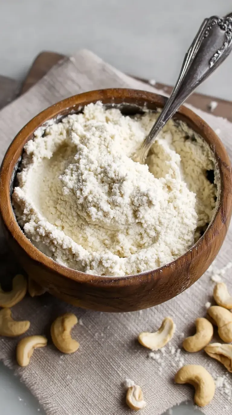 A bowl of creamy, grainy vegan cashew ricotta cheese garnished with fresh herbs