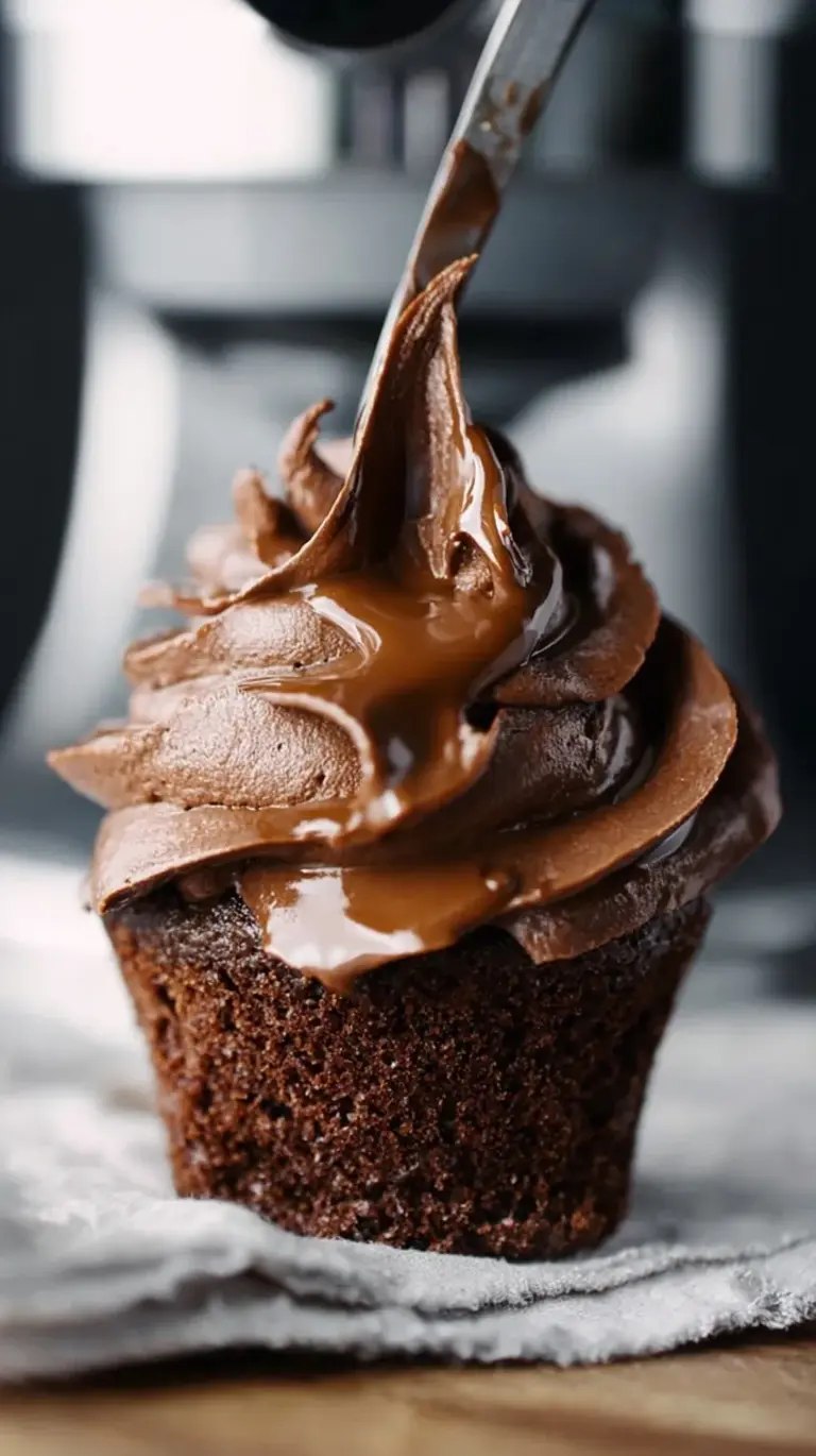 A close up shot of glossy, dark vegan paleo chocolate frosting being piped onto a cupcake.