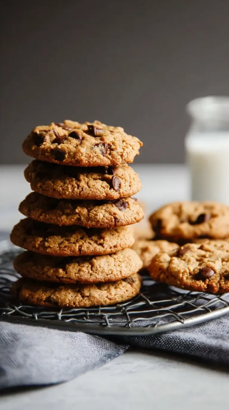A stack of warm vegan chocolate chip cookies on a cooling rack with melted chocolate chips.