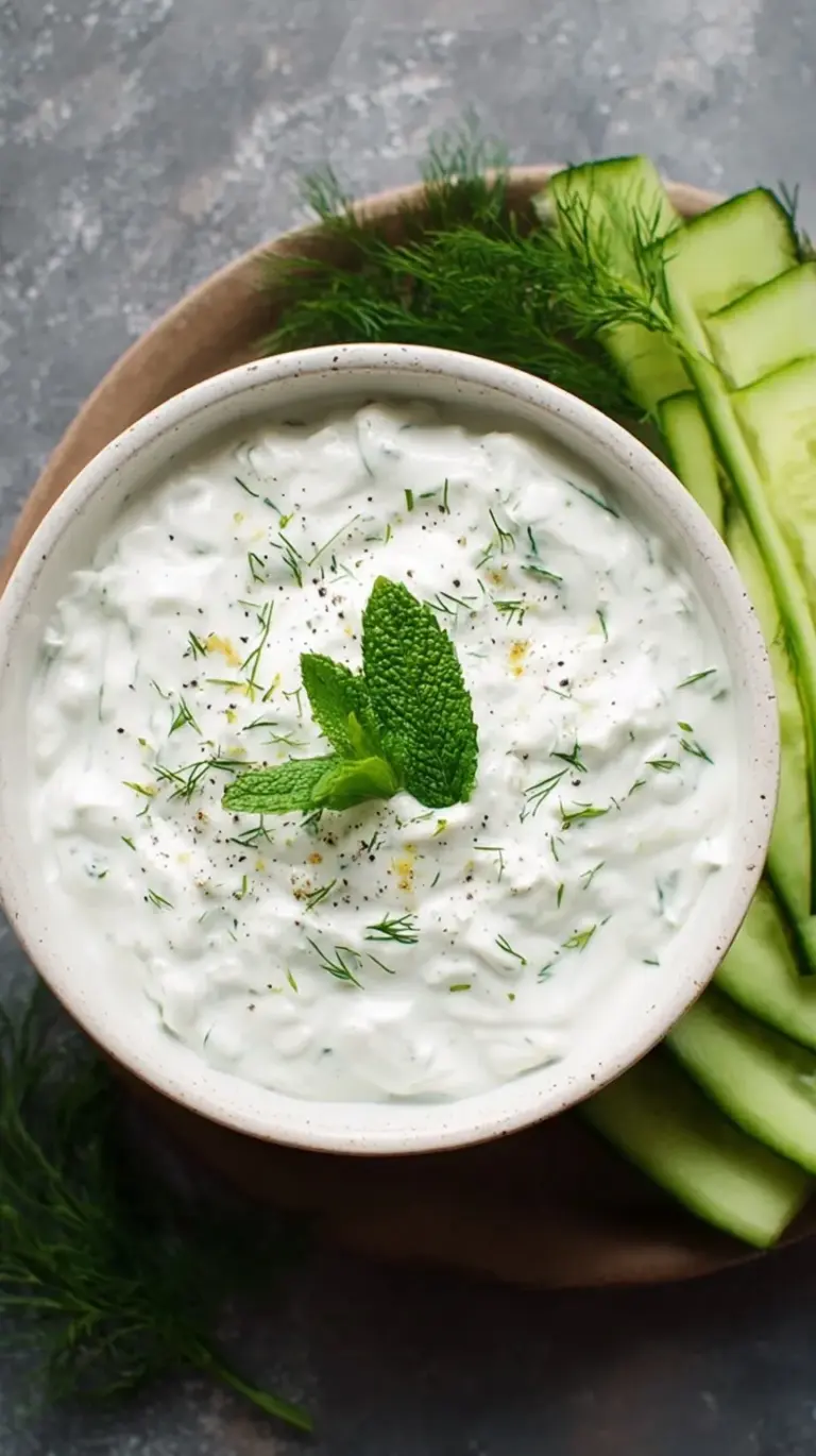 A bowl of creamy vegan tzatziki garnished with fresh dill and cucumber slices, ready to be served.