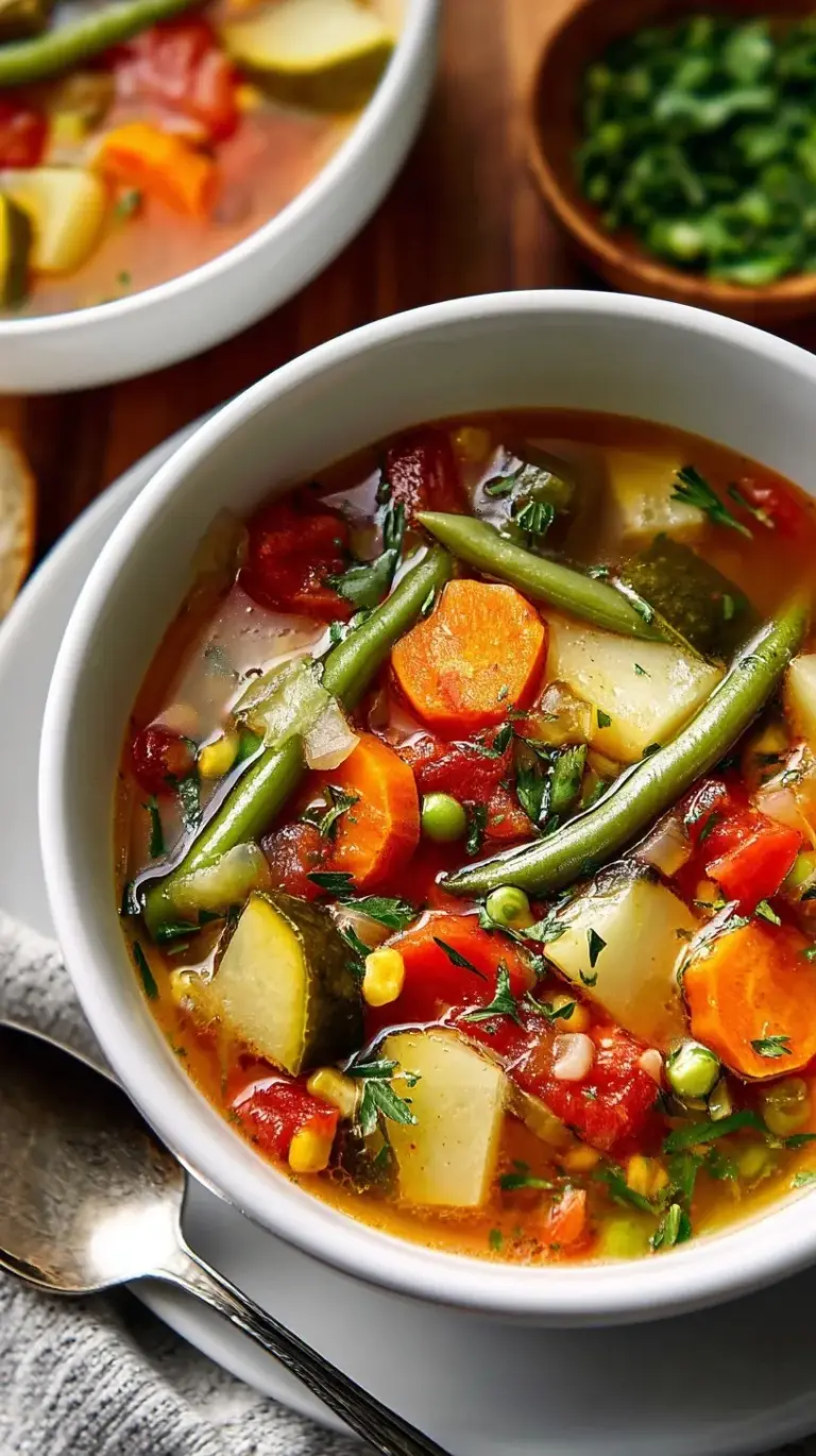 A steaming bowl of clear broth vegetable soup with carrots, potatoes, and green beans.