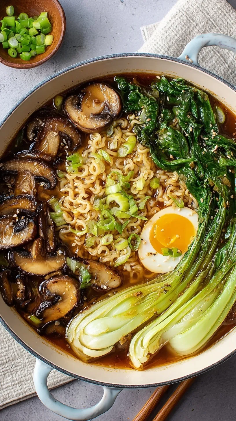 A steaming bowl of vegetarian ramen with tofu, mushrooms, and spinach in a dark ceramic bowl