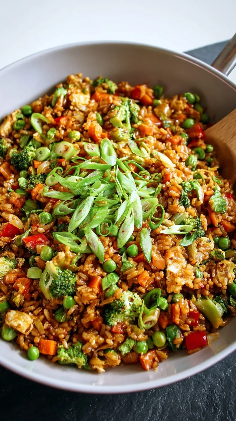 A steaming bowl of veggie fried rice with green onions and eggs